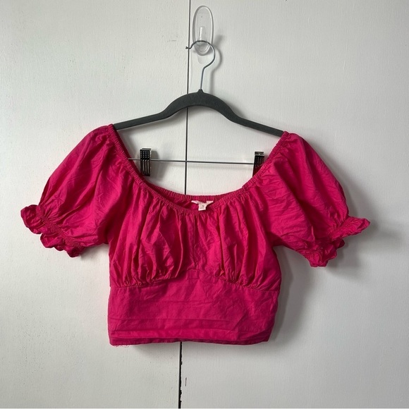 Sim & Sam Tops - Sim & Sam Hot Pink Puff Sleeve Crop Top – 100% Cotton Peasant Style Womans Small